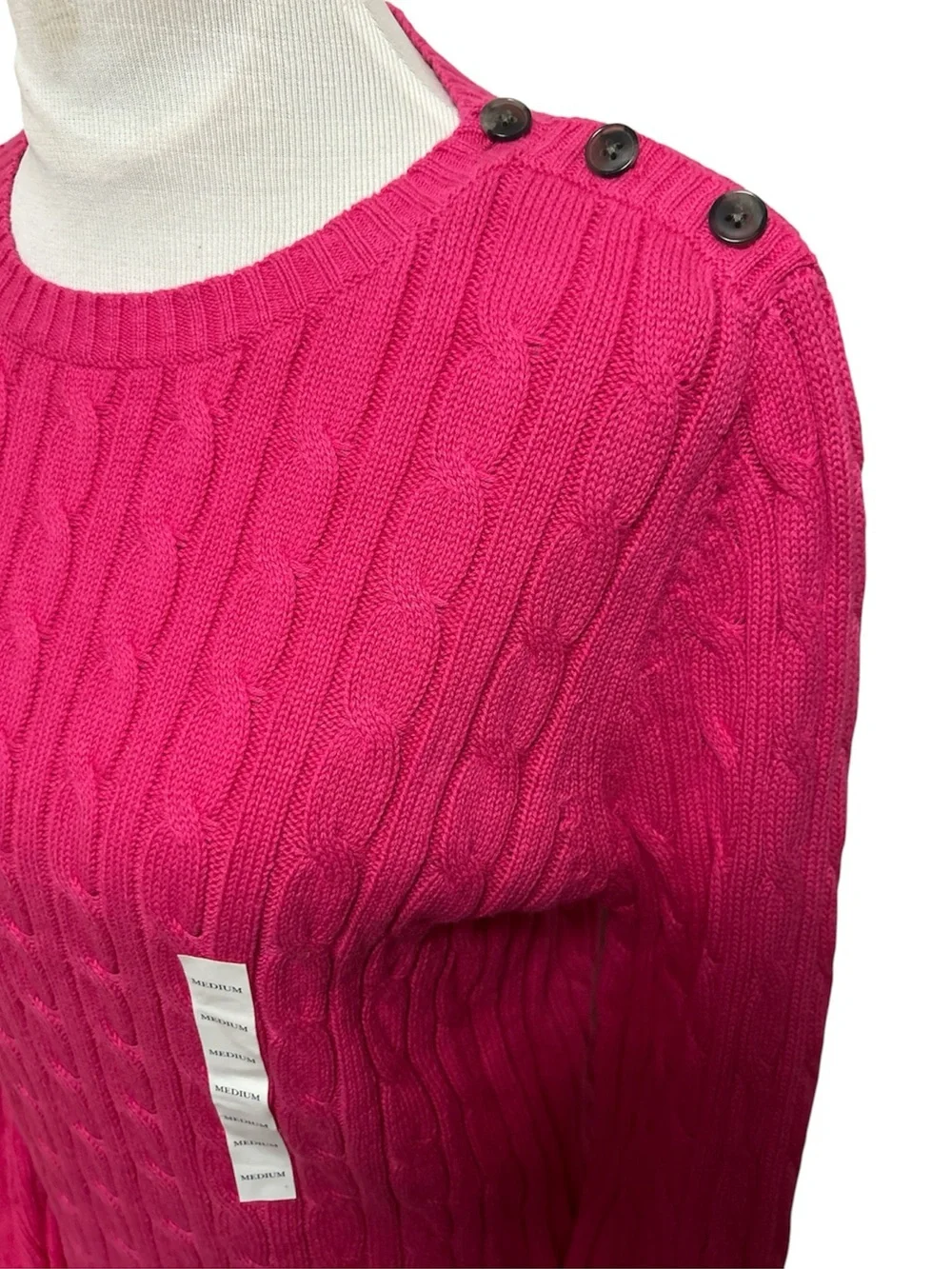 NWT Croft & Barrow Bright Pink Cable Crewneck Sweater Button Detail Preppy M